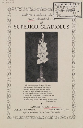 Golden Gardens gladiolus 1946 classified list of superior gladiolus