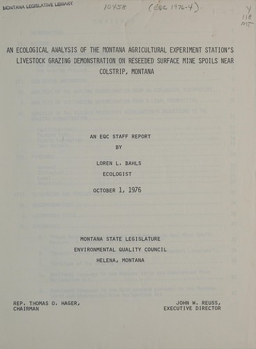 An ecological analysis of the Montana Agricultural Experiment Station's livestock grazing demonstration on reseeded surface mine spoils near Colstrip, Montana
