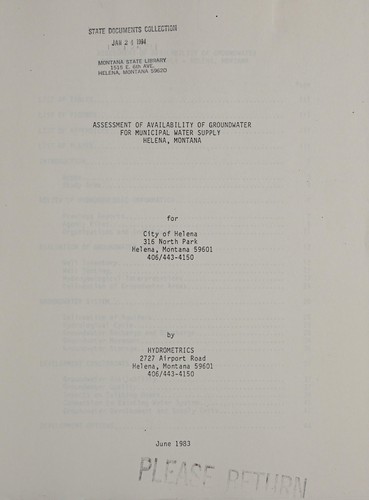Assessment of availability of groundwater for municipal water supply, Helena, Montana