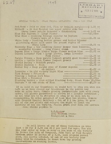 African Violets these prices effective Feb.-1st 1948