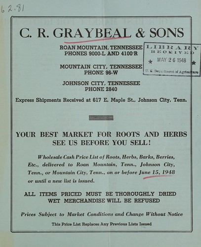 Your best market for roots and herbs see us before you sell!