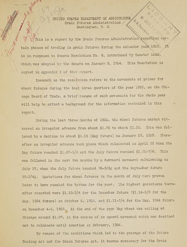[Report by the Grain futures administration regarding certain phases of trading in grain futures during the calendar year 1923]