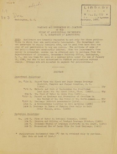 Drainage and irrigation publications of the Bureau of Agicultural Egineering, U.S. Dept. of Agriculture