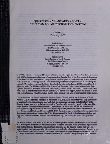 Questions and answers about a Canadian Polar Information System