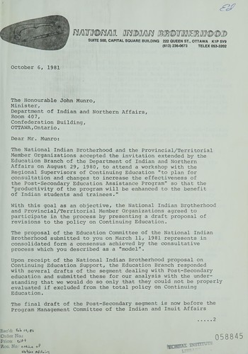 Letter sent to the honourable John Munro, Minister, Department of Indian and Northern Affairs