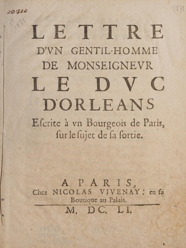 Lettre d'vn gentil-homme de monseignevr le dvc d'Orleans