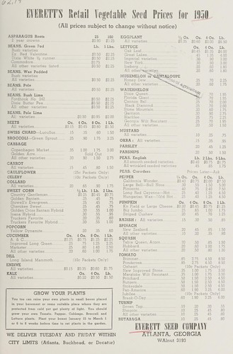 Everett's retail vegetable seed prices for 1950