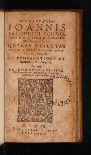 Commentaria ... in librum Hippocratis [Peri phuseos anthropou]. Quibus adjectae sunt digressiones duae ... de propagatione et autoribus philosophiae. Nec non de praecipuis, illustrium philosophorum ante Aristotelem circa principia generationis, opinionibus