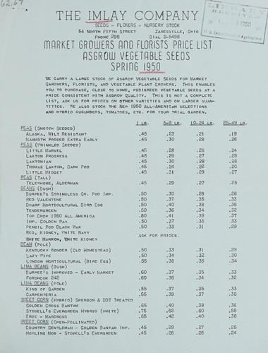 Market growers and florists price list, ASGROW vegetable seeds, spring 1950