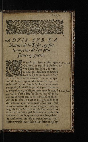 Advis sur la nature de la peste, et sur les moyens de s'en préserver et guérir