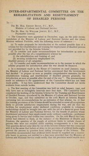 Report of Inter-departmental committee on the rehabilitation and resettlement of disabled persons