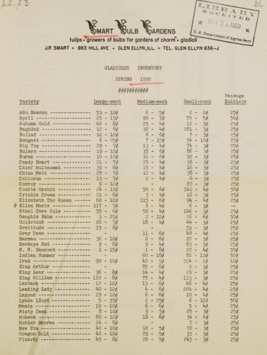 Gladiolus inventory, spring 1950
