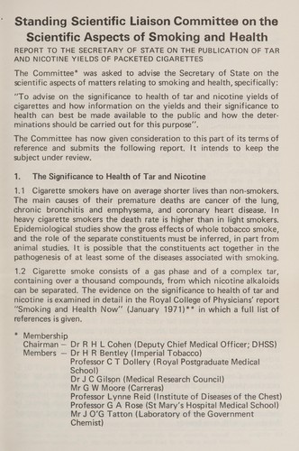 Report of the Standing Scientific Liaison Committee (on the scientific aspects of Smoking and Health) to the Secretary of State for Social Services on the publication of tar and nicotine yields of packeted cigarettes
