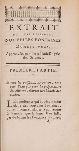 Extrait du livre intitulé Nouvelles fontaines domestiques, approuvées par l'Academie Royale des Sciences ... avec deux instructions pour la connoissance & l'usage des nouvelles fontaines
