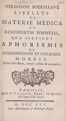 Libellus de materie medica et remediorum formulis, quae serviunt Aphorismis de cognoscendis et curandis morbis
