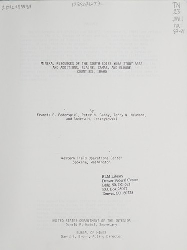Mineral resources of the South Boise Yuba study area and additions, Blaine, Camas, and Elmore counties, Idaho