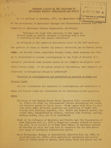Proposed inquiry by the Committee on experiment station organization and policy