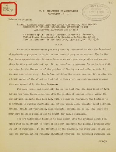 Federal research activities and cotton consumption, with special reference to regional laboratories authorized in the Agricultural Adjustment Act of 1938