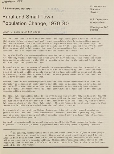 Rural and small town population change, 1970-80
