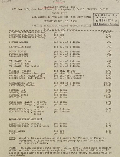 Price list, all prices listed are net, FOB West Coast, effective Dec. 15, 1952