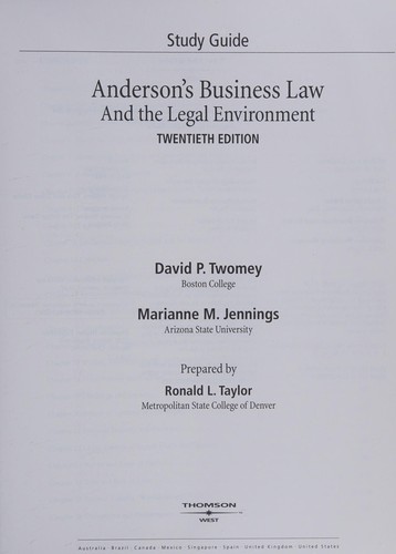Study Guide for Twomey/Jennings' Anderson's Business Law, Comprehensive Volume, 20th
