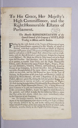 To His Grace, Her Majesty's high commissioner, and the right honourable estates of Parliament