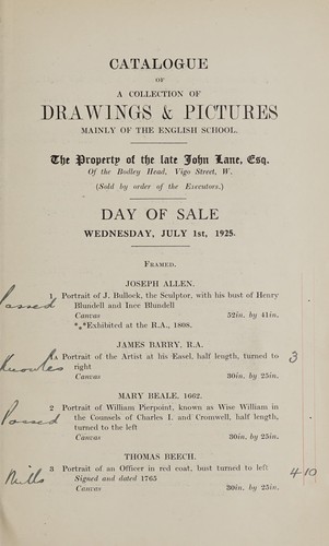 A collection of drawings & pictures mainly of the English school, the property of the late John Lane, esq., of the Bodley Head, Vigo Street, W. (sold by order of the executors)