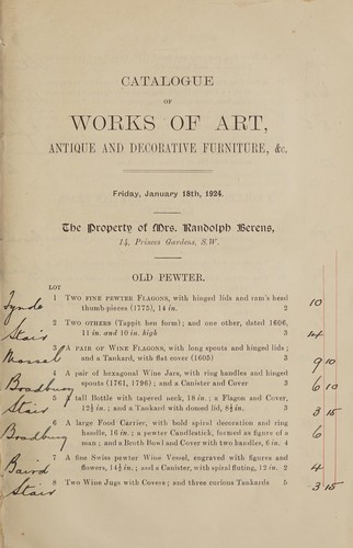 Catalogue of works of art, antique & decorative furniture