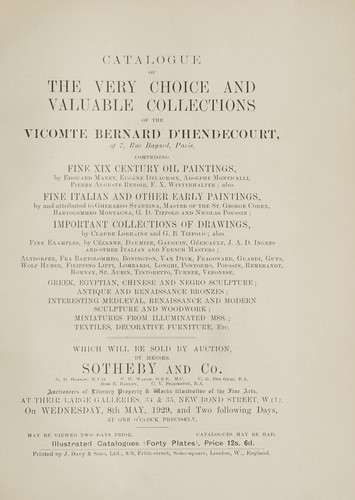 The very choice and valuable collections of the Vicomte Bernard D'Hendecourt