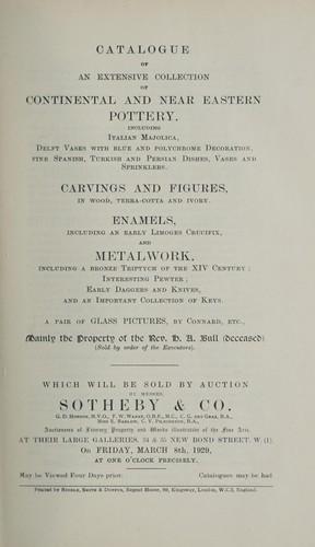An extensive collection of continental and Near Eastern pottery; carvings and figures; enamels; metalwork