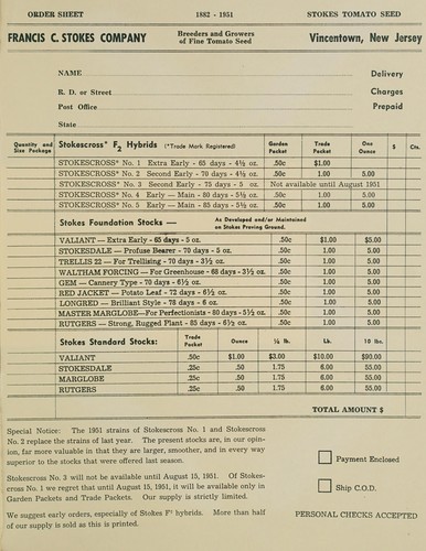 Order sheet, 1882-1951, Stokes tomato seed
