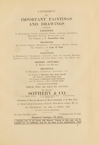 Catalogue of important paintings and drawings