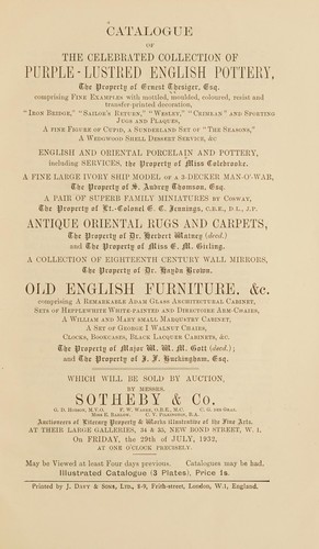 The celebrated collection of purple-lustred English pottery; antique Oriental rugs and carpets; old English furniture