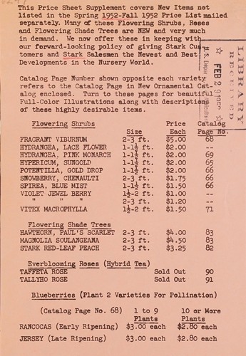 This price sheet supplement covers new items not listed in the spring 1952-fall 1952 price list mailed separately