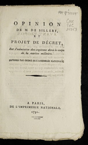 Opinion de M. de Sillery, et projet de de cret sur l'admission des aspirans dans le corps de la marine militaire