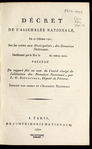 De cret de l'Assemble e nationale, du 10 octobre 1790, sur les ventes aux municipalite s des domaines nationaux, sanctionne  par le Roi le [blank] du me me mois