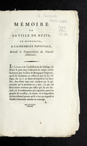 Me moire de la ville de Nuits, en Bourgogne, a l'Assemble e nationale, relatif a   l'organisation du pouvoir judiciaire