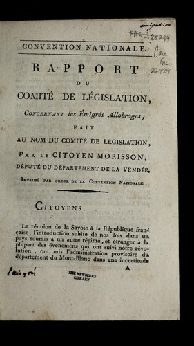 Rapport du Comite de legislation, concernant les e migre s allobroges