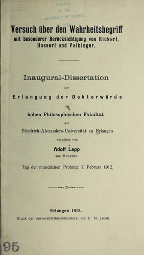 Versuch über den Wahrheitsbegriff mit besonderer Berücksichtigung von Rickert, Husserl und Vaihinger