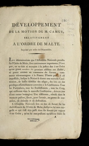 De veloppement de la motion de M. Camus, relativement a   l'Ordre de Malte