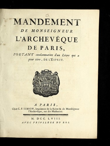 Mandement de Monseigneur l'archeve que de Paris, portant condamnation d'un livre qui a pour titre, De l'esprit