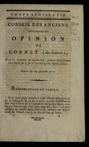 Opinion de Cornet (du Loiret), sur la re solution du 24 pluviose, portant e tablissement d'un impo t sur le sel a   l'extraction des marais salans