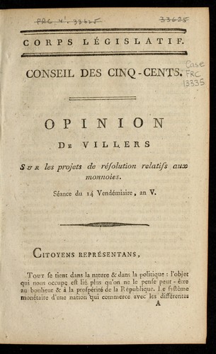 Opinion de Villers sur les projets de re solution relatifs aux monnoies