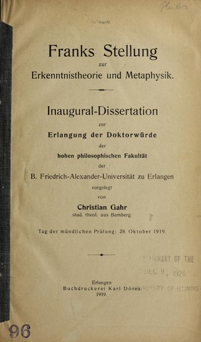 Franks Stellung zur Erkenntnistheorie und Metaphysik