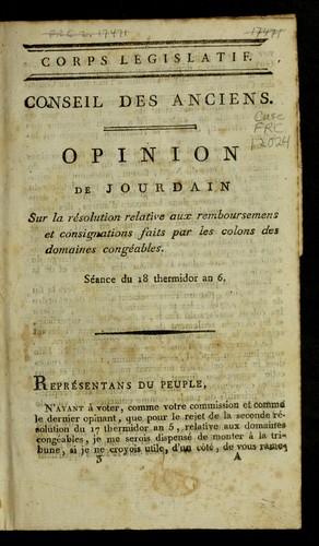 Opinion de Jourdain sur la re solution relative aux remboursemens et consignations faits par les colons des domaines conge ables