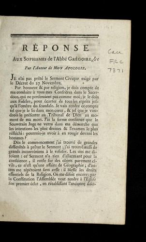 Re ponse aux sophismes de l'Abbe  Gre goire, &c