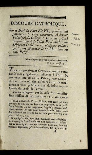 Discours catholique, sur le bref du Pape Pie VI