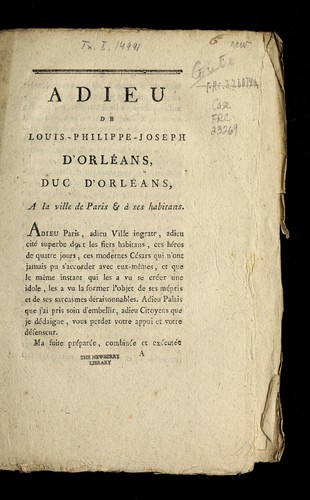 Adieu de Louis-Philippe-Joseph d'Orle ans, duc d'Orle ans, a   la ville de Paris & ses habitans