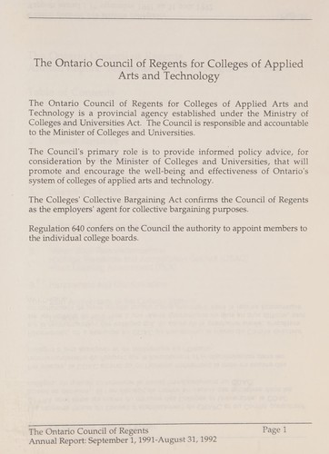 ANNUAL REPORT OF THE ONTARIO COUNCIL OF REGENTS FOR COLLEGES OF APPLIED ARTS AND TECHNOLOGY