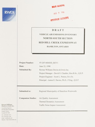 Vehicle air emissions inventory North-South Section : Red Hill Creek Expressway : Hamilton, Ontario
